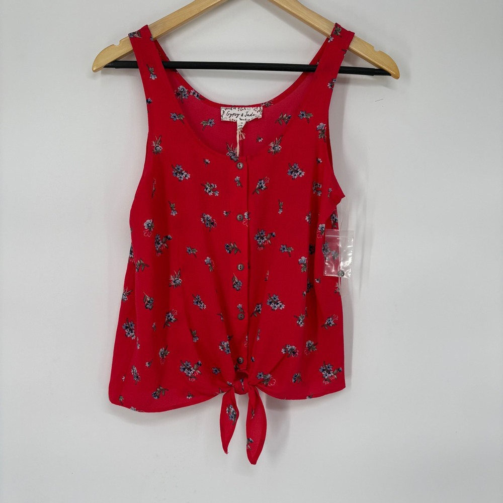 Gypsy & Jade Red Floral Button Front Tie Tank Top S Cowgirl Rodeo Cottagecore‎